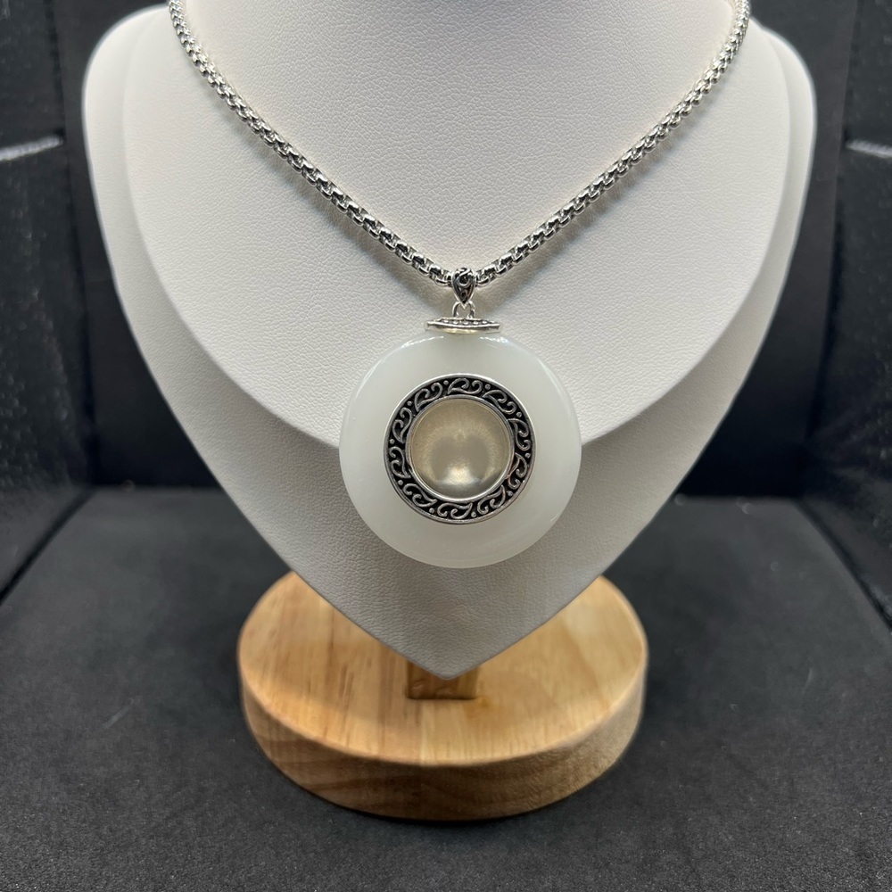 Big Round White Jade Silver Chain Necklace